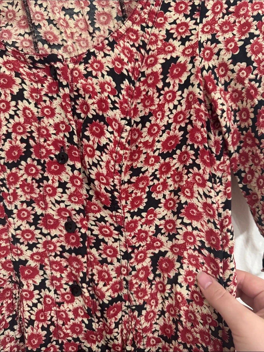 Free People Lace Up Mini Black Combo Dress Buttoned Front Ditsy Floral Print S